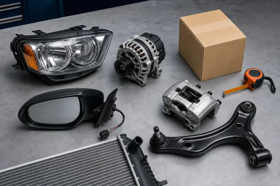 Headlight, alternator, mirror, brake caliper, control arm, radiator, and shipping box arranged on a workshop table